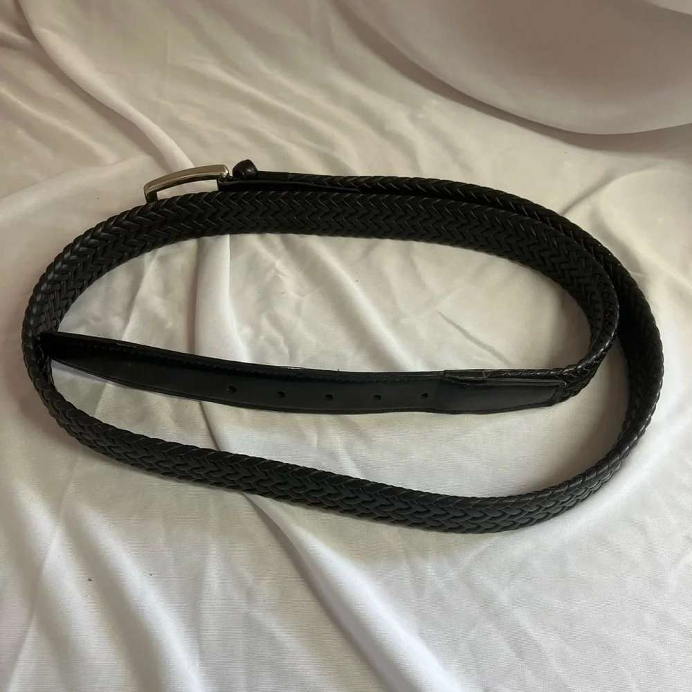Classic Black Braided Leather Belt with Silver Buckle